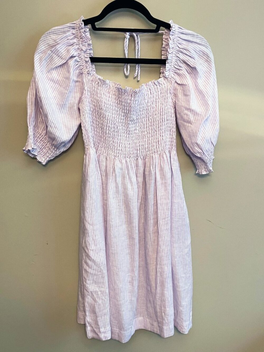 New Hill House Athena 100% Linen Nap Dress Lavender White Stripe Small
